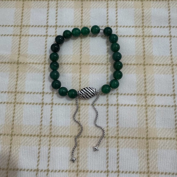 David Yurman Dark Green Round Bead Silver Chain Bracelet - Picture 1 of 3